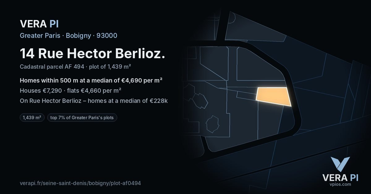 14 Rue Hector Berlioz, Bobigny at night – the plot lit, the parcels around coloured by the prices near them