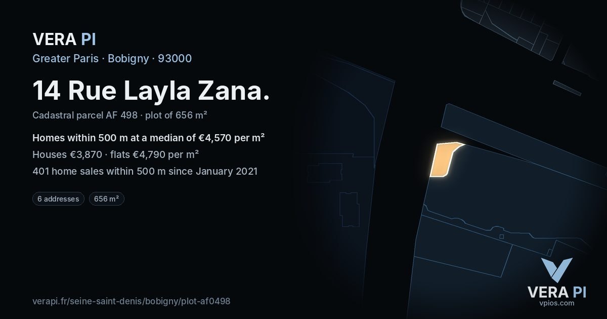 14 Rue Layla Zana, Bobigny at night – the plot lit, the parcels around coloured by the prices near them