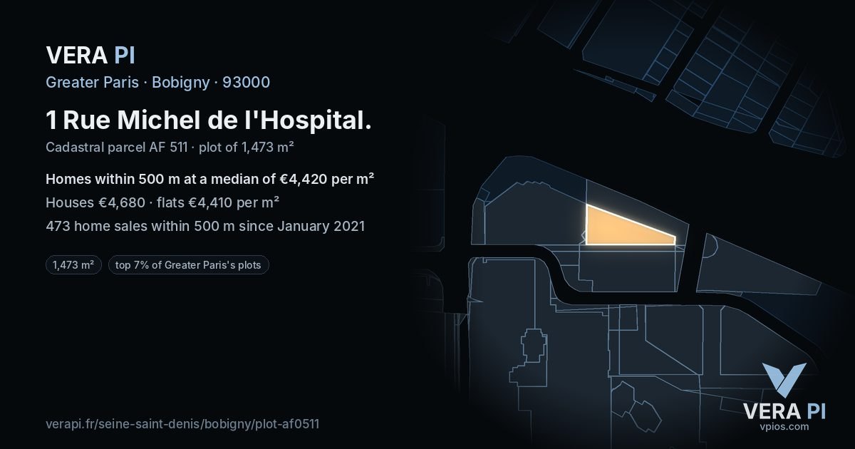 1 Rue Michel de l'Hospital, Bobigny at night – the plot lit, the parcels around coloured by the prices near them