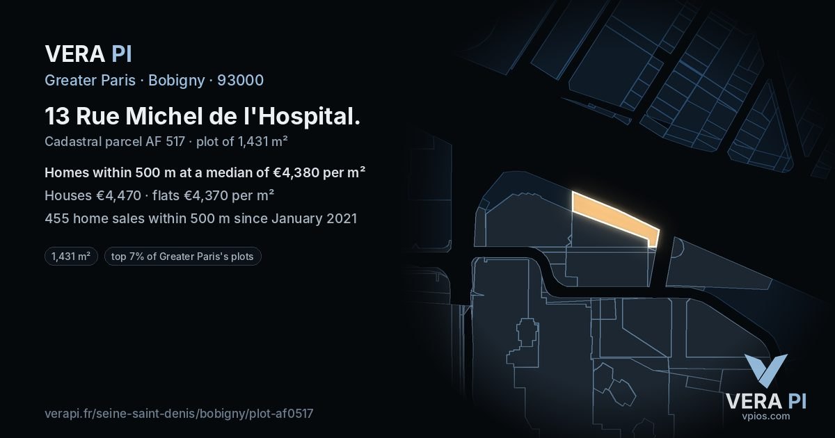13 Rue Michel de l'Hospital, Bobigny at night – the plot lit, the parcels around coloured by the prices near them