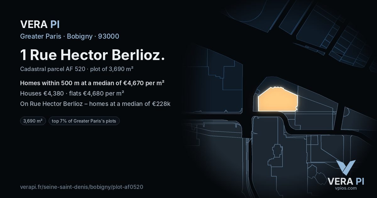 1 Rue Hector Berlioz, Bobigny at night – the plot lit, the parcels around coloured by the prices near them