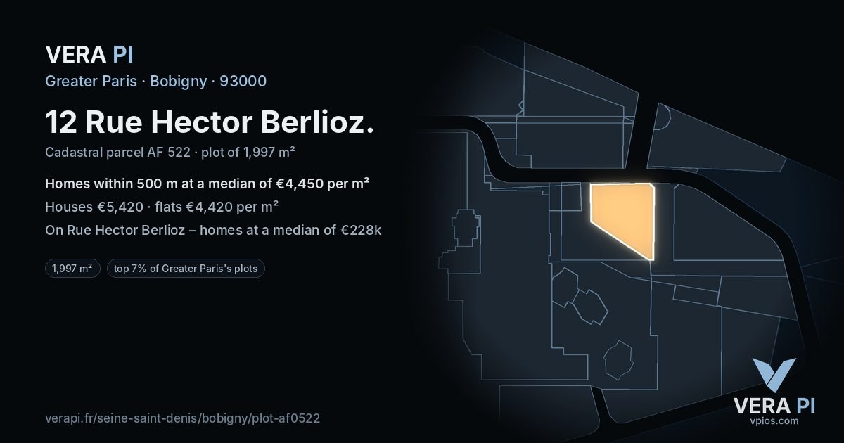 12 Rue Hector Berlioz, Bobigny at night – the plot lit, the parcels around coloured by the prices near them