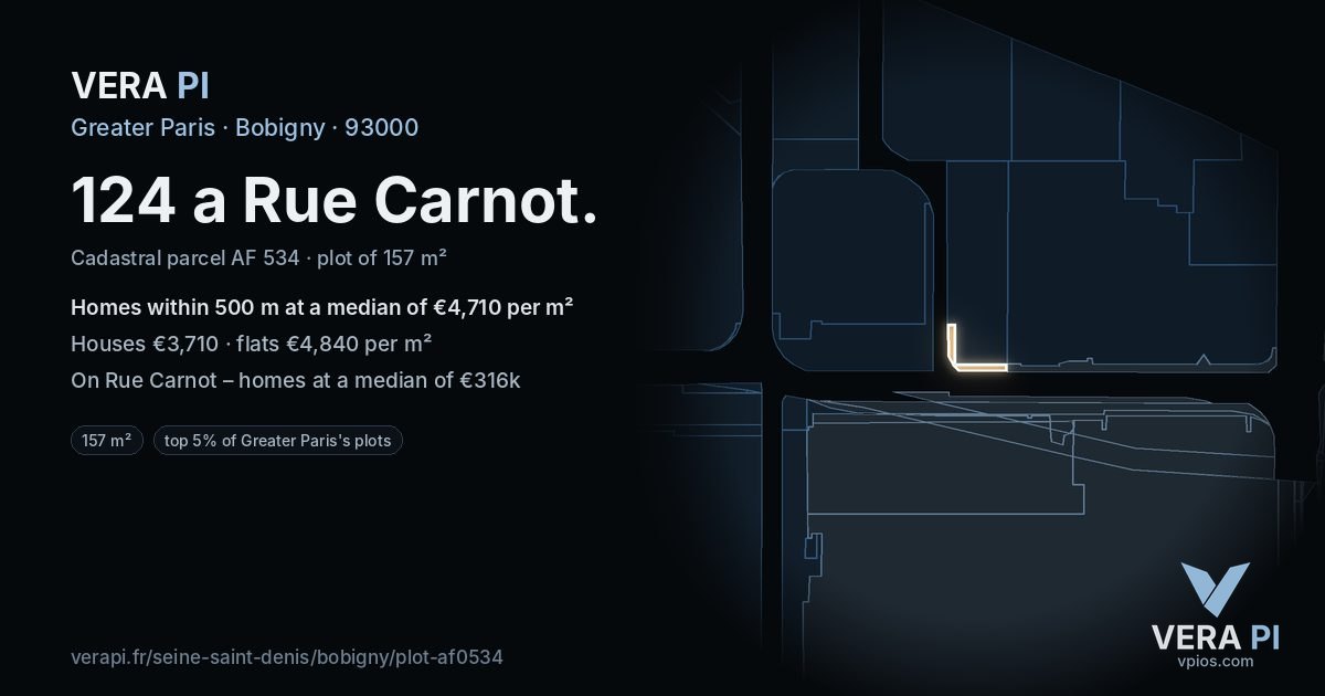 124 a Rue Carnot, Bobigny at night – the plot lit, the parcels around coloured by the prices near them