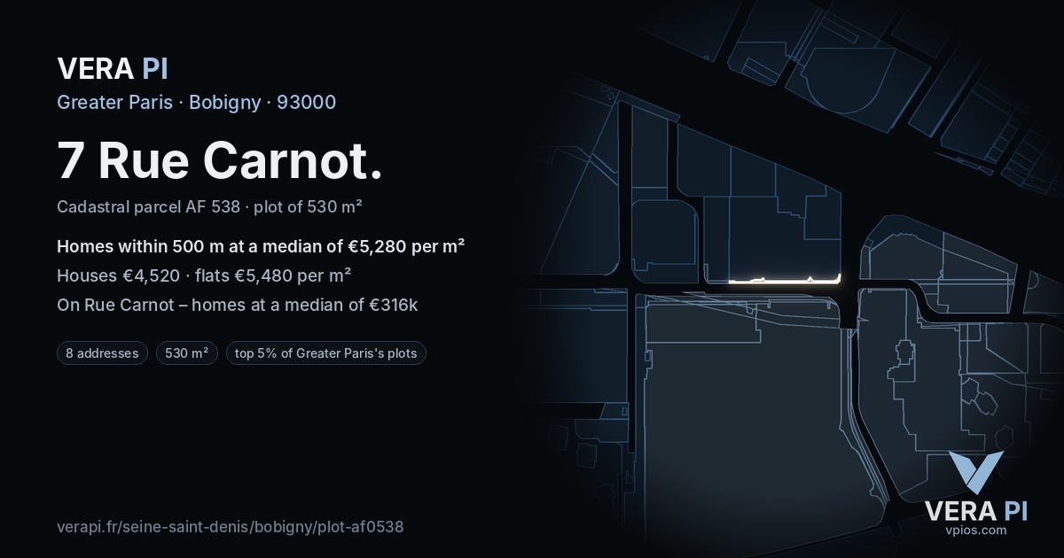 7 Rue Carnot, Bobigny at night – the plot lit, the parcels around coloured by the prices near them