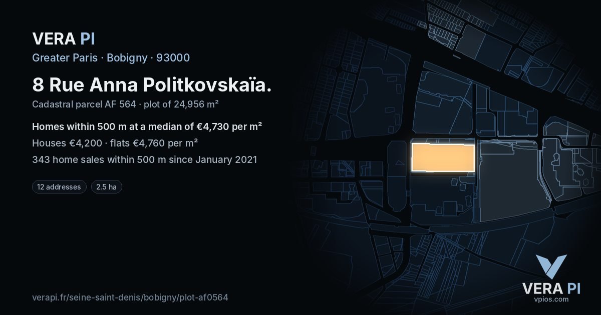 8 Rue Anna Politkovskaïa, Bobigny at night – the plot lit, the parcels around coloured by the prices near them