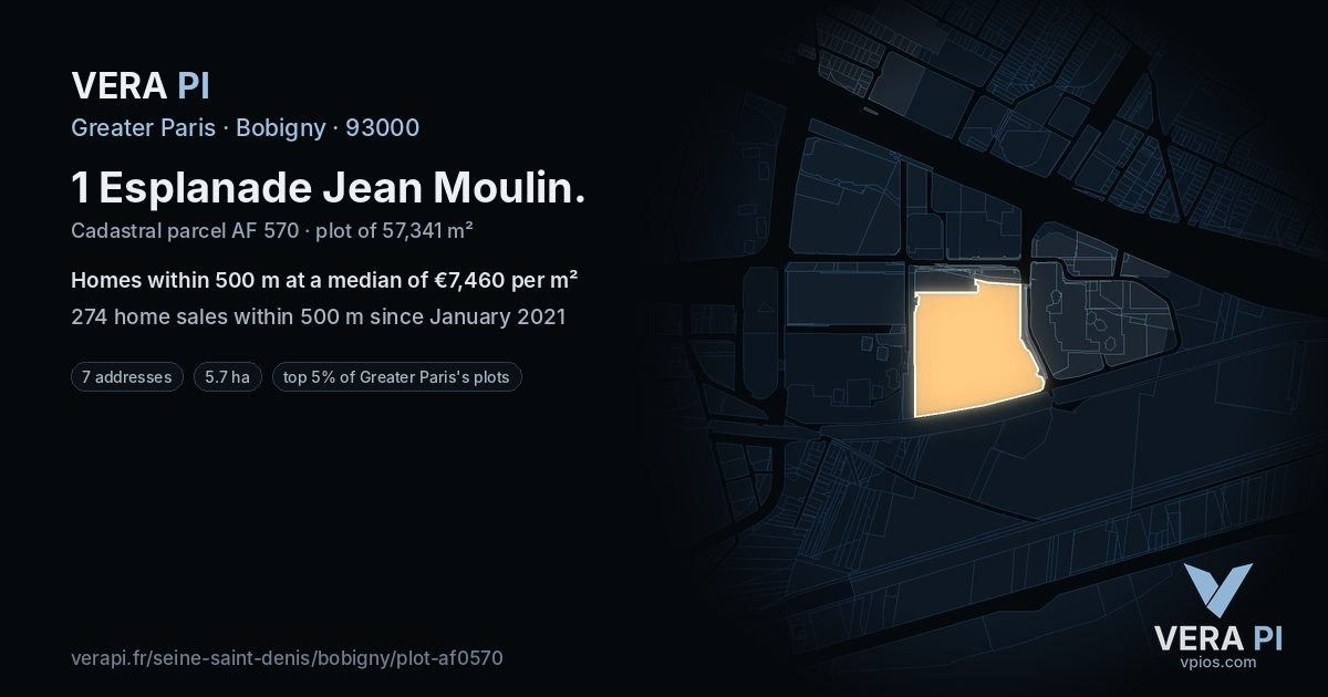 1 Esplanade Jean Moulin, Bobigny at night – the plot lit, the parcels around coloured by the prices near them