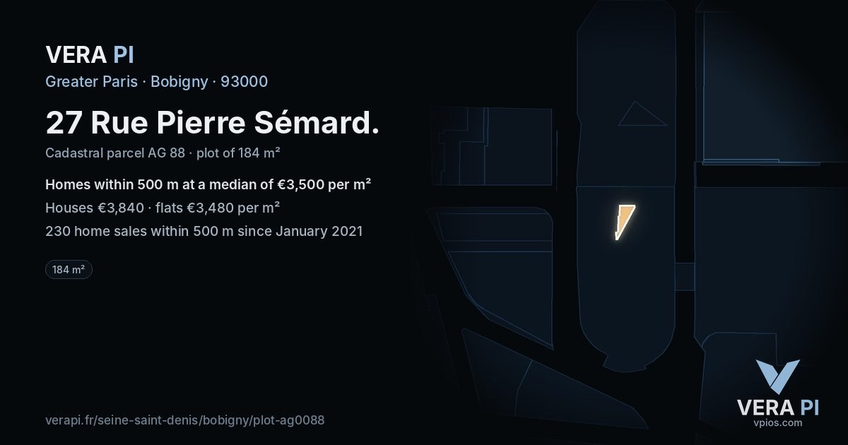 27 Rue Pierre Sémard, Bobigny at night – the plot lit, the parcels around coloured by the prices near them