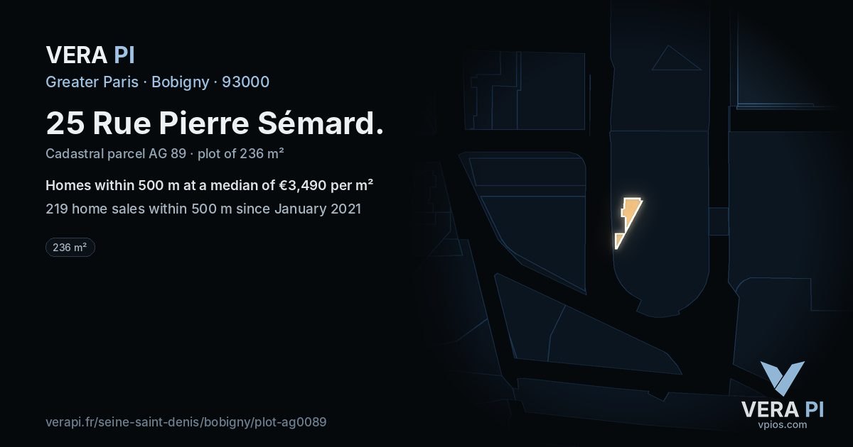 25 Rue Pierre Sémard, Bobigny at night – the plot lit, the parcels around coloured by the prices near them