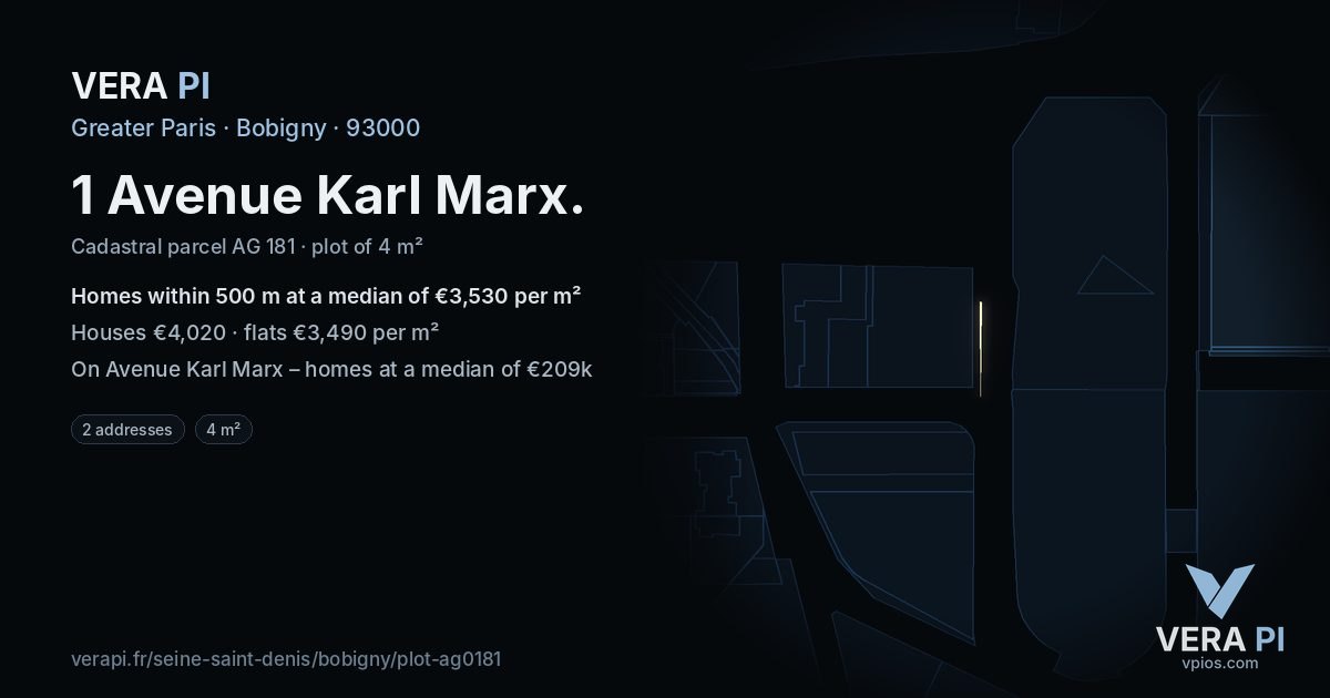 1 Avenue Karl Marx, Bobigny at night – the plot lit, the parcels around coloured by the prices near them