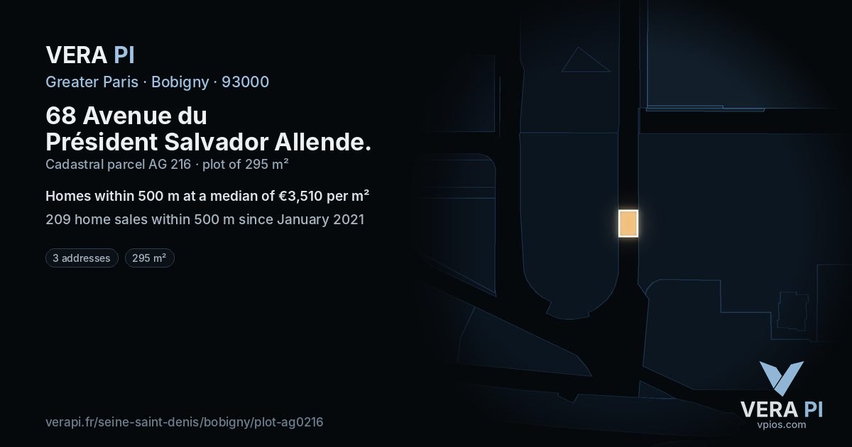 68 Avenue du Président Salvador Allende, Bobigny at night – the plot lit, the parcels around coloured by the prices near them