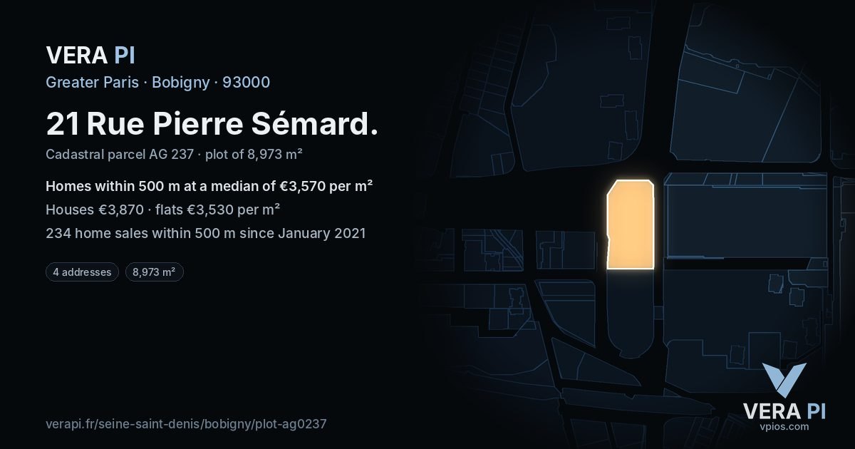 21 Rue Pierre Sémard, Bobigny at night – the plot lit, the parcels around coloured by the prices near them