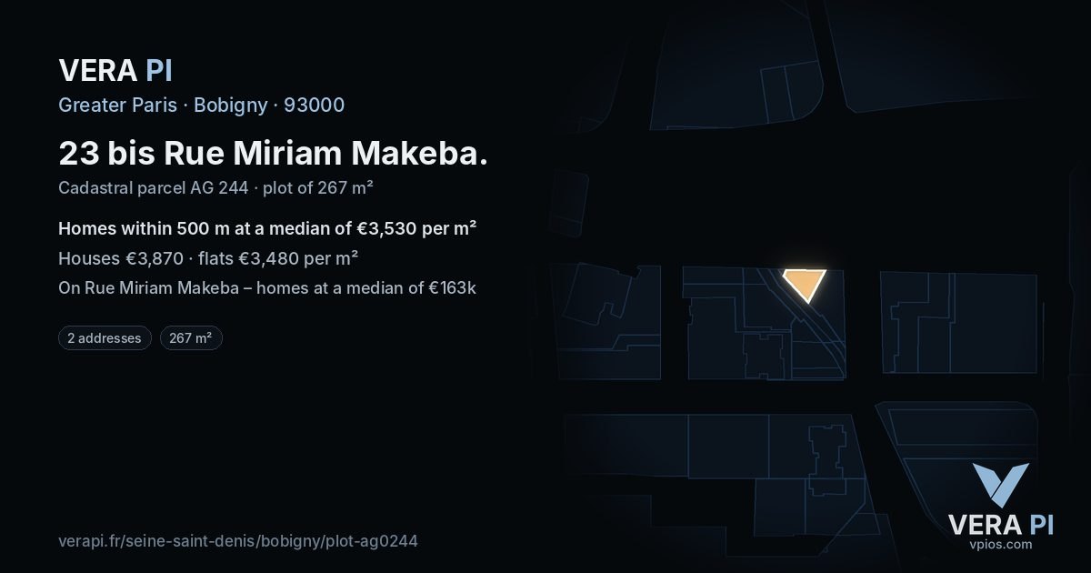 23 bis Rue Miriam Makeba, Bobigny at night – the plot lit, the parcels around coloured by the prices near them