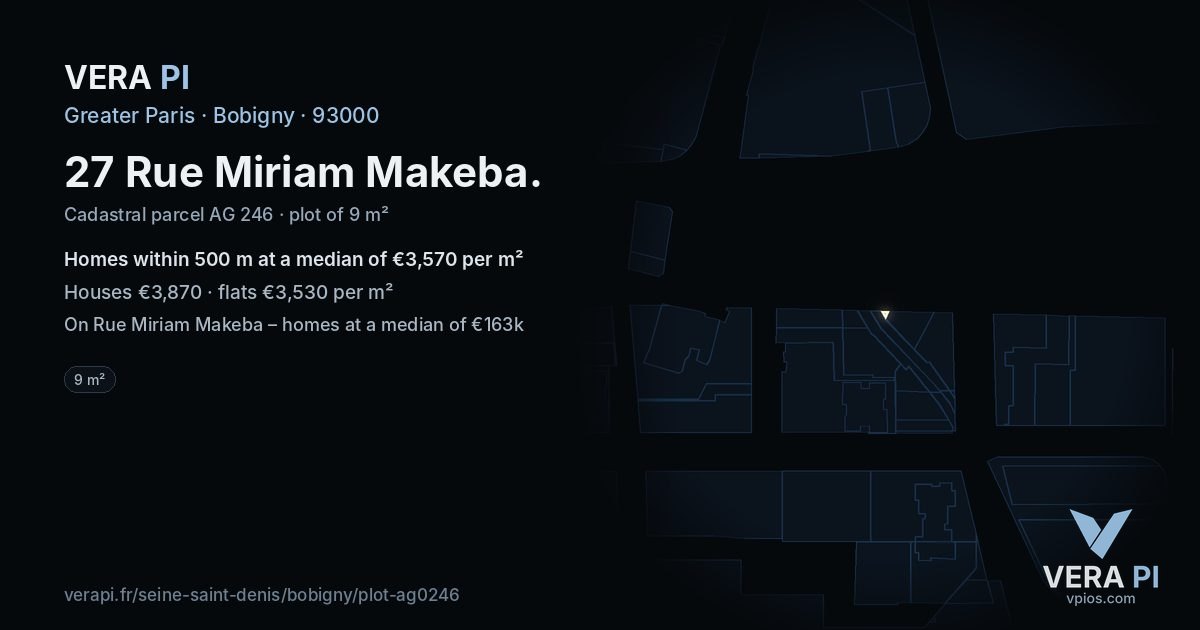 27 Rue Miriam Makeba, Bobigny at night – the plot lit, the parcels around coloured by the prices near them