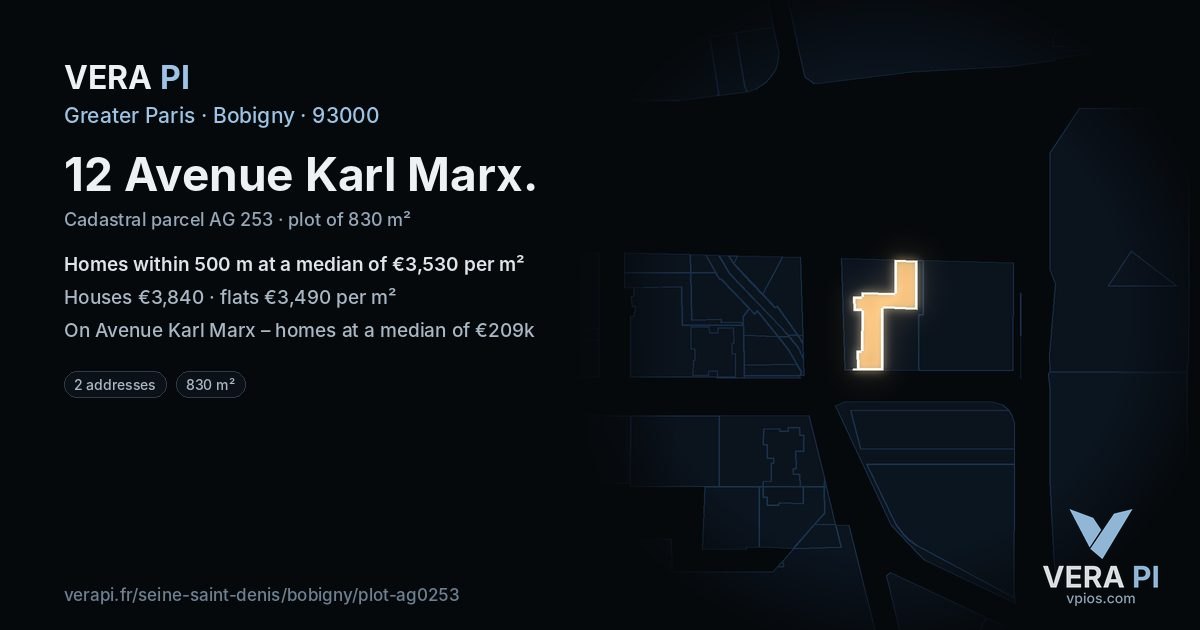 12 Avenue Karl Marx, Bobigny at night – the plot lit, the parcels around coloured by the prices near them