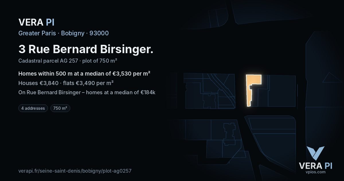 3 Rue Bernard Birsinger, Bobigny at night – the plot lit, the parcels around coloured by the prices near them