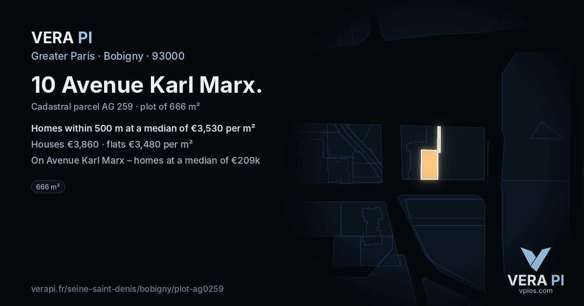 10 Avenue Karl Marx, Bobigny at night – the plot lit, the parcels around coloured by the prices near them