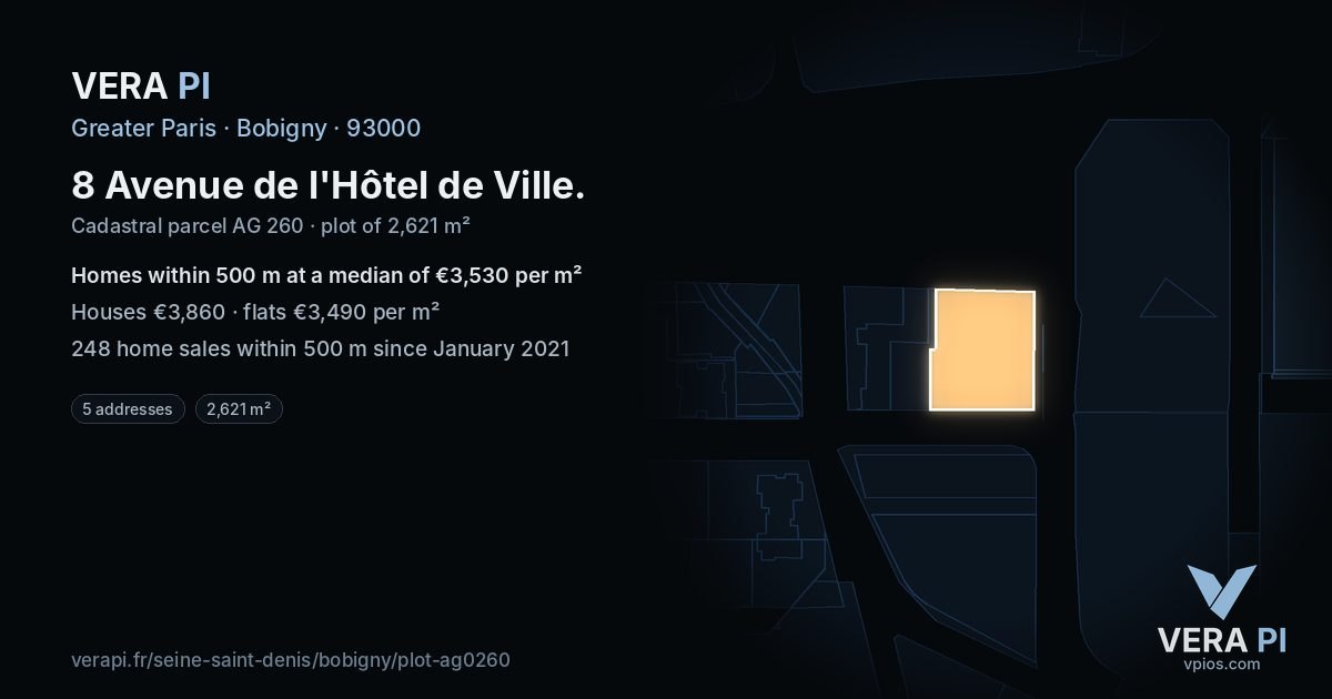 8 Avenue de l'Hôtel de Ville, Bobigny at night – the plot lit, the parcels around coloured by the prices near them