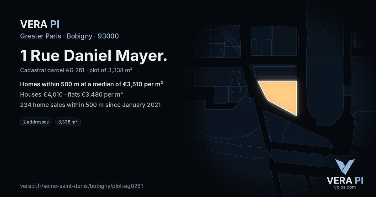 1 Rue Daniel Mayer, Bobigny at night – the plot lit, the parcels around coloured by the prices near them