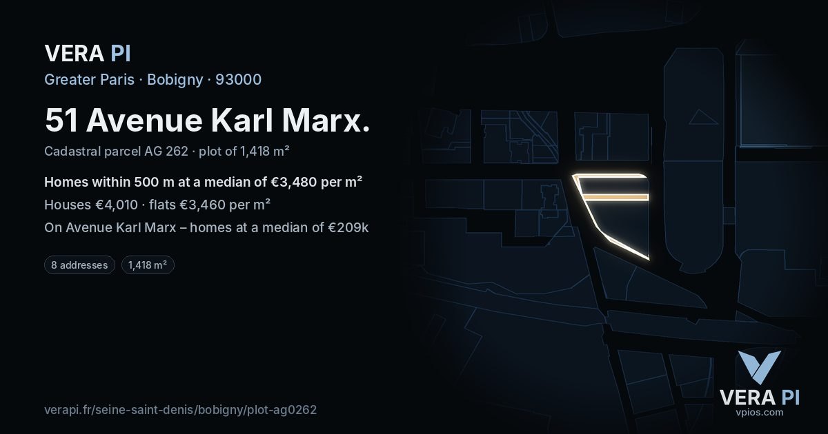 51 Avenue Karl Marx, Bobigny at night – the plot lit, the parcels around coloured by the prices near them