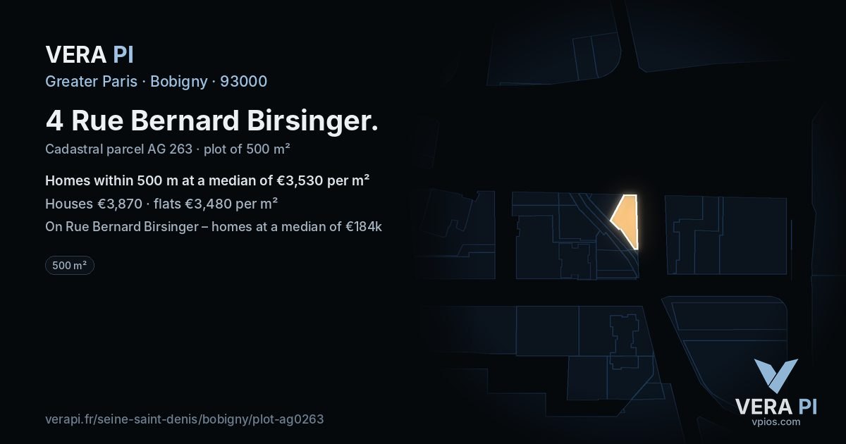 4 Rue Bernard Birsinger, Bobigny at night – the plot lit, the parcels around coloured by the prices near them