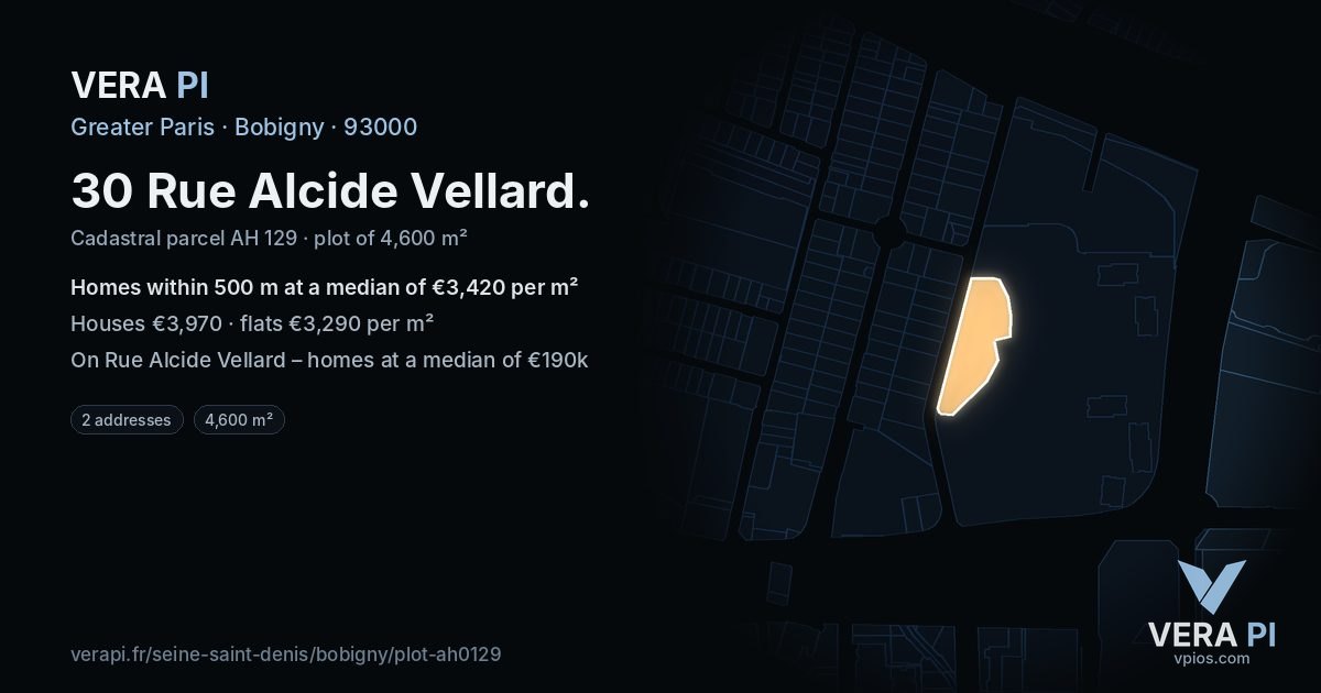 30 Rue Alcide Vellard, Bobigny at night – the plot lit, the parcels around coloured by the prices near them
