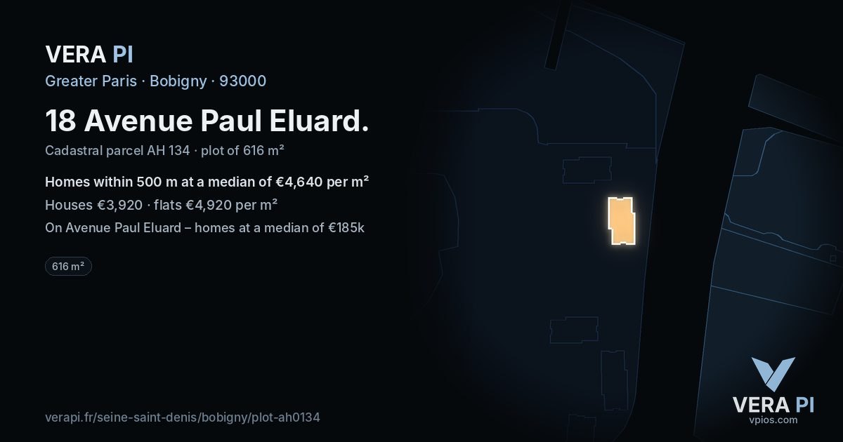 18 Avenue Paul Eluard, Bobigny at night – the plot lit, the parcels around coloured by the prices near them