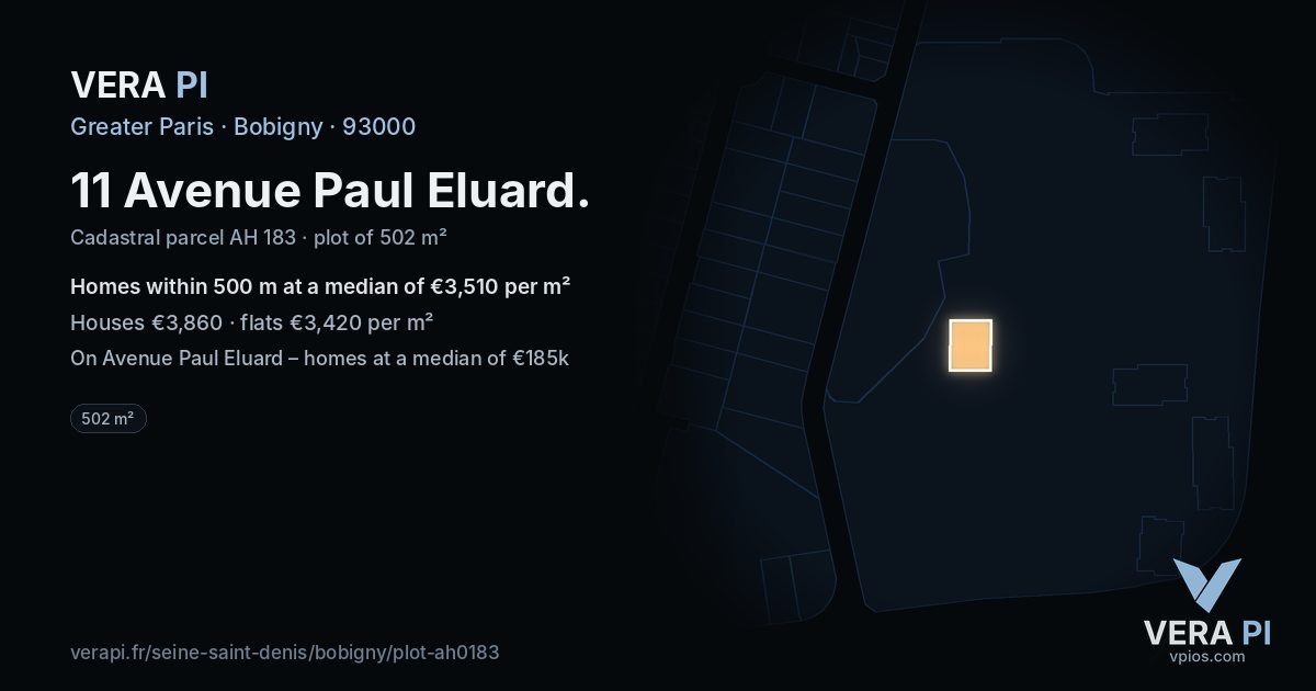 11 Avenue Paul Eluard, Bobigny at night – the plot lit, the parcels around coloured by the prices near them