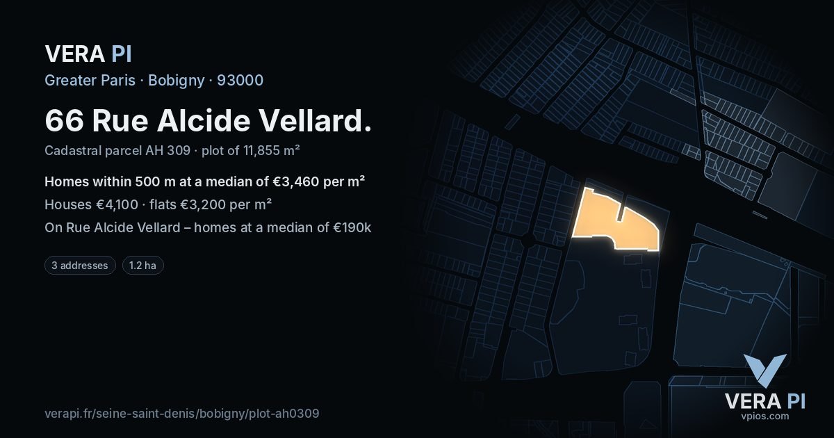 66 Rue Alcide Vellard, Bobigny at night – the plot lit, the parcels around coloured by the prices near them