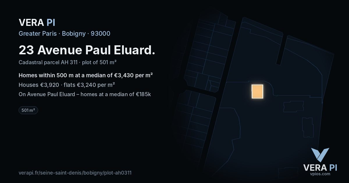23 Avenue Paul Eluard, Bobigny at night – the plot lit, the parcels around coloured by the prices near them