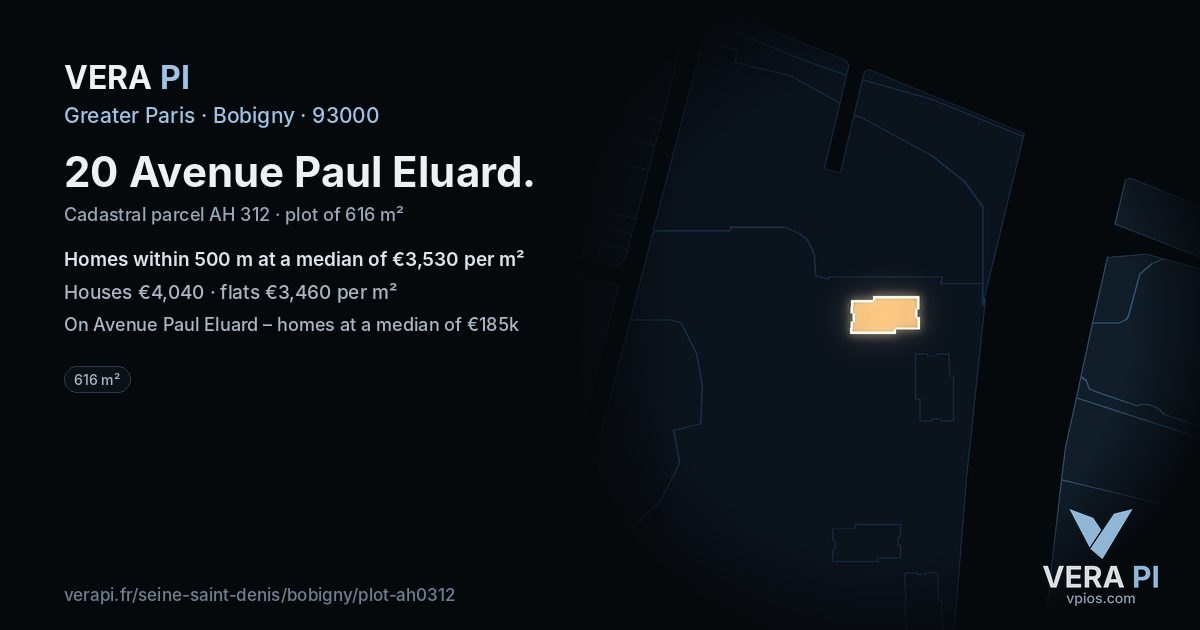 20 Avenue Paul Eluard, Bobigny at night – the plot lit, the parcels around coloured by the prices near them