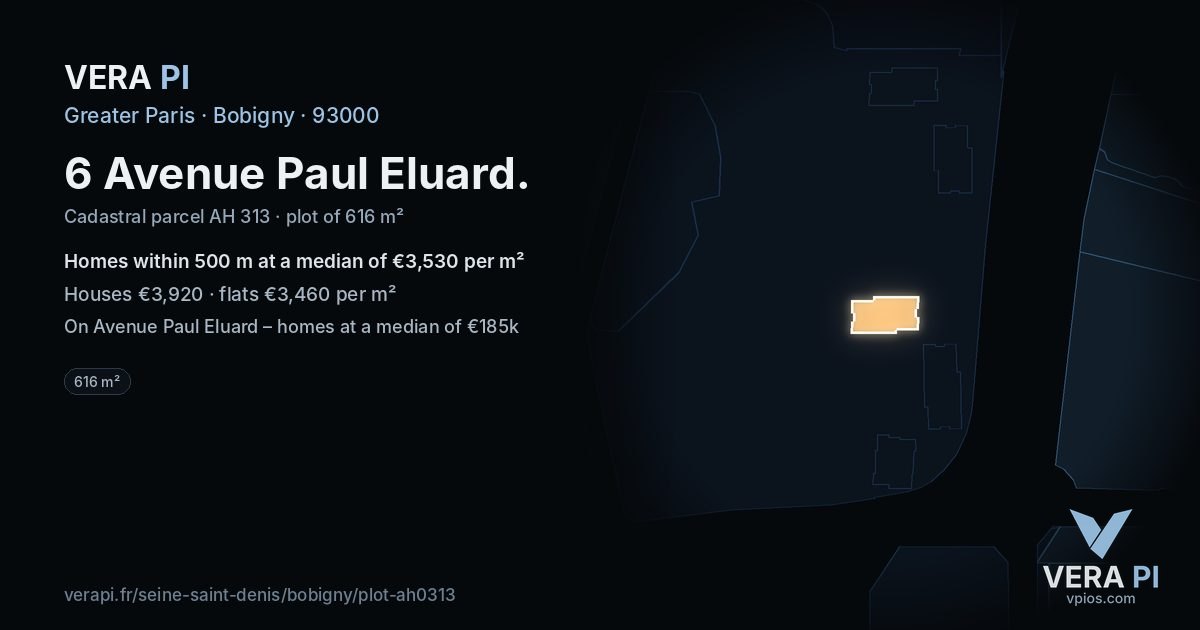 6 Avenue Paul Eluard, Bobigny at night – the plot lit, the parcels around coloured by the prices near them