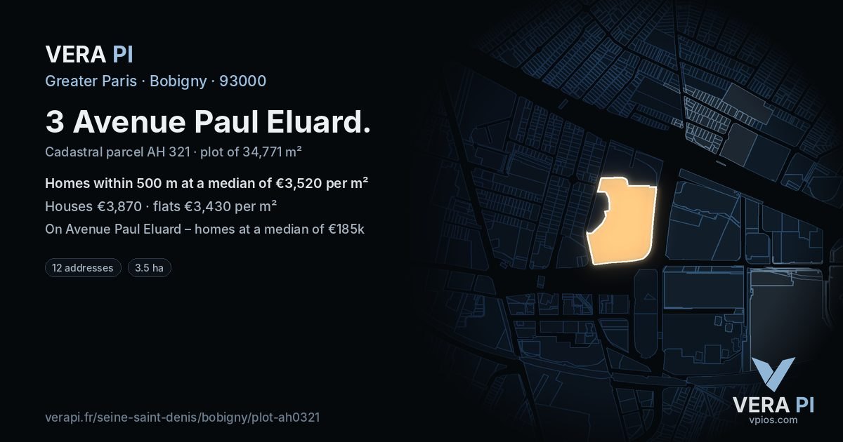 3 Avenue Paul Eluard, Bobigny at night – the plot lit, the parcels around coloured by the prices near them