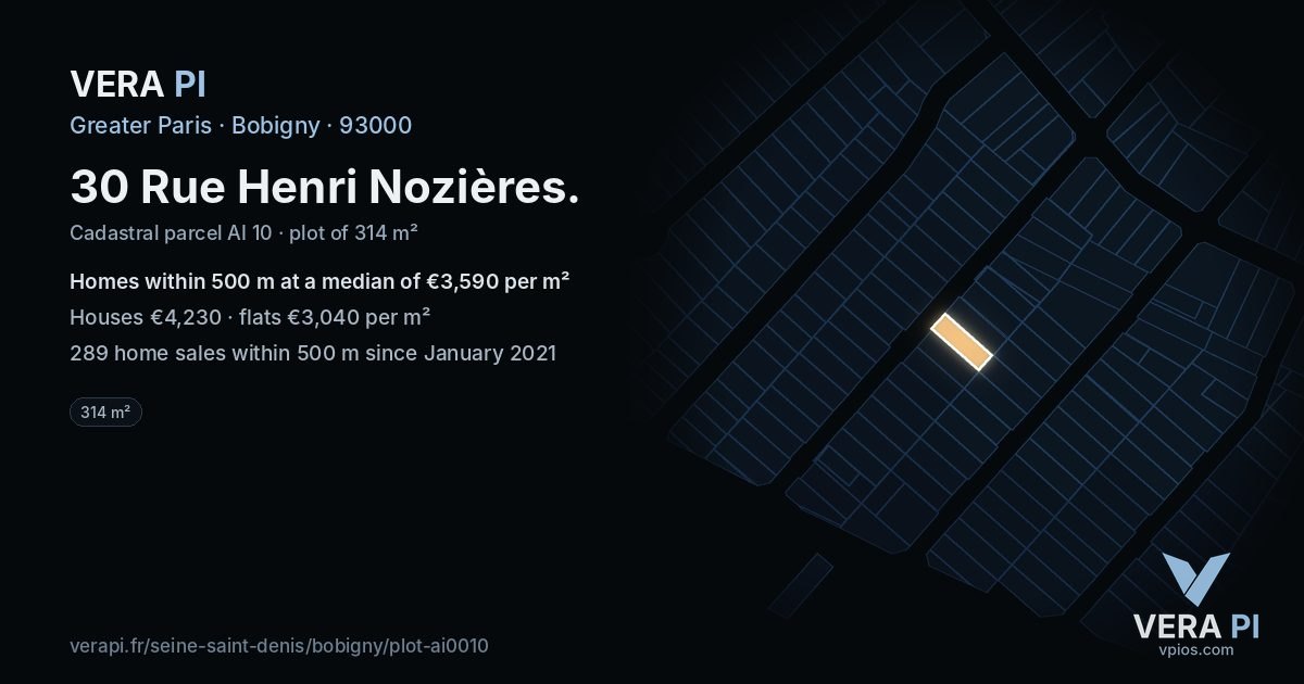 30 Rue Henri Nozières, Bobigny at night – the plot lit, the parcels around coloured by the prices near them