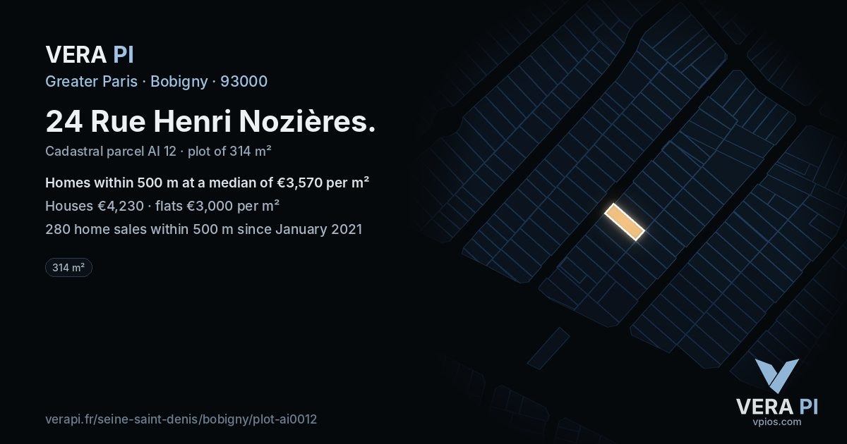 24 Rue Henri Nozières, Bobigny at night – the plot lit, the parcels around coloured by the prices near them
