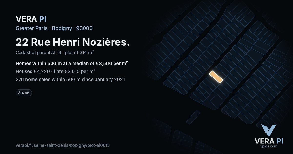 22 Rue Henri Nozières, Bobigny at night – the plot lit, the parcels around coloured by the prices near them