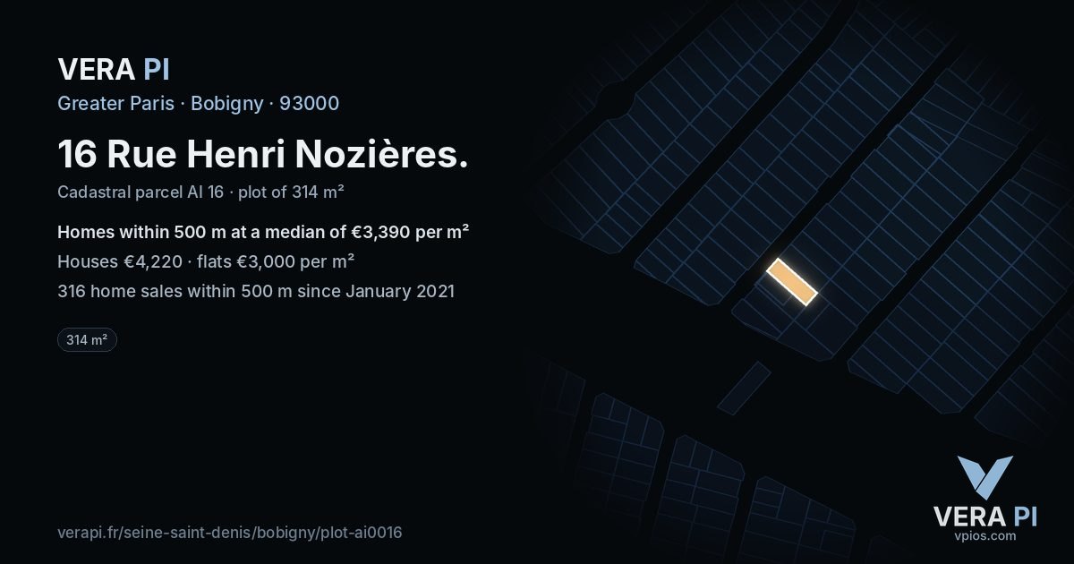 16 Rue Henri Nozières, Bobigny at night – the plot lit, the parcels around coloured by the prices near them