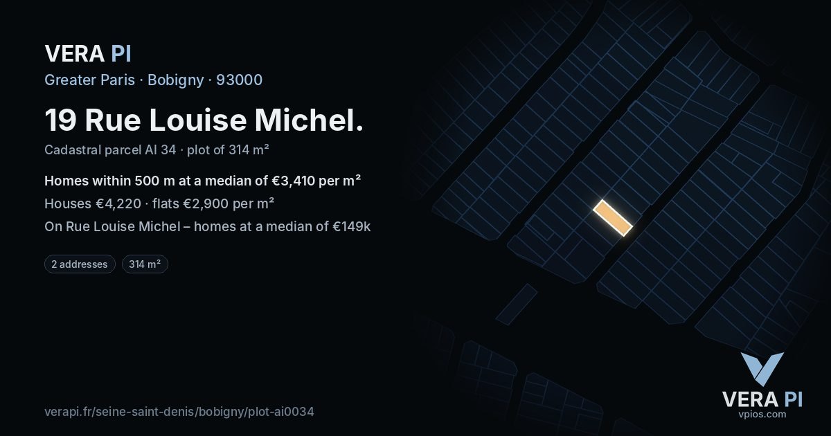 19 Rue Louise Michel, Bobigny at night – the plot lit, the parcels around coloured by the prices near them