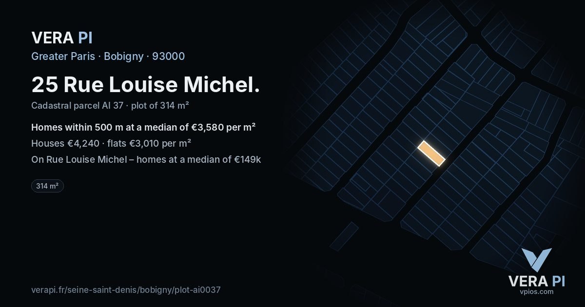 25 Rue Louise Michel, Bobigny at night – the plot lit, the parcels around coloured by the prices near them