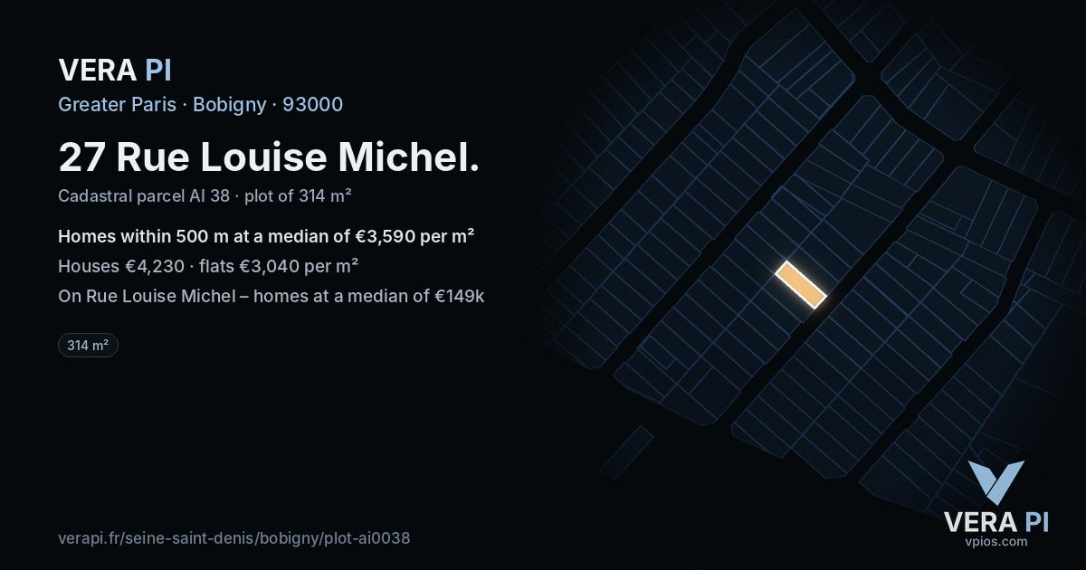 27 Rue Louise Michel, Bobigny at night – the plot lit, the parcels around coloured by the prices near them