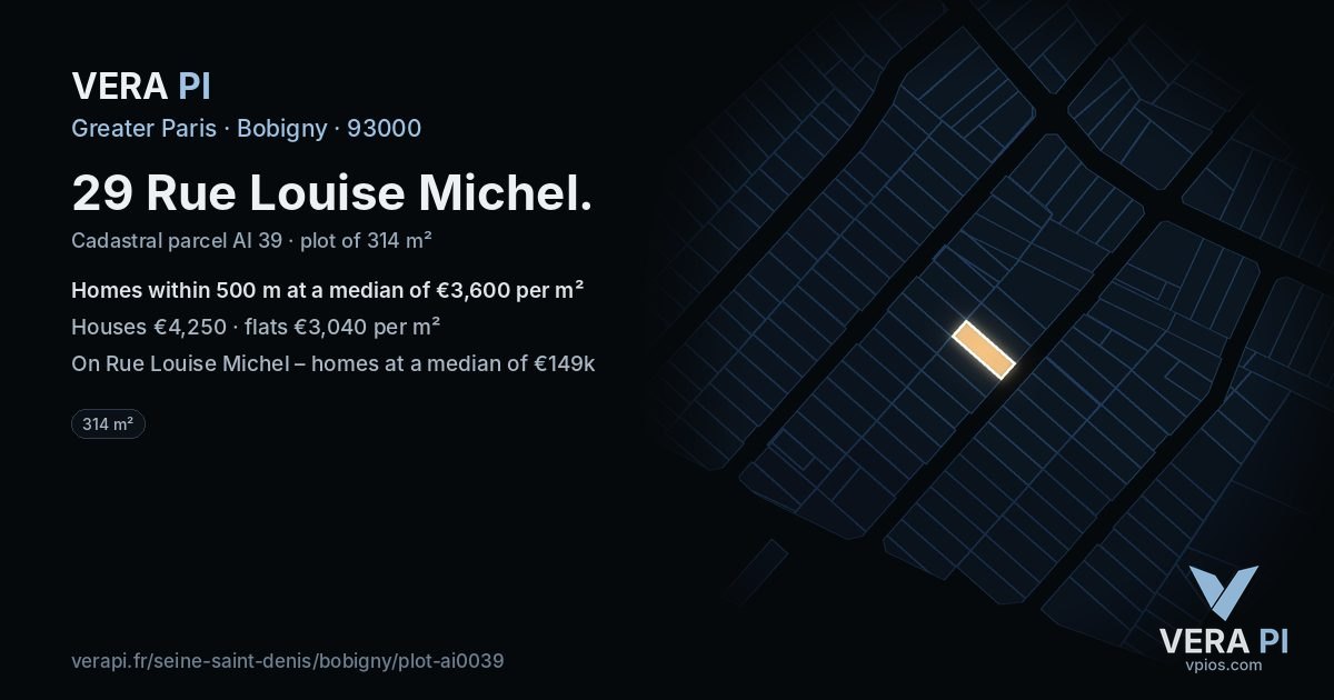29 Rue Louise Michel, Bobigny at night – the plot lit, the parcels around coloured by the prices near them