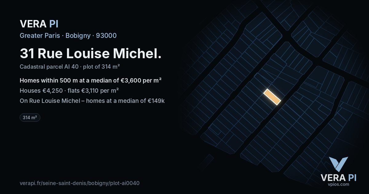 31 Rue Louise Michel, Bobigny at night – the plot lit, the parcels around coloured by the prices near them