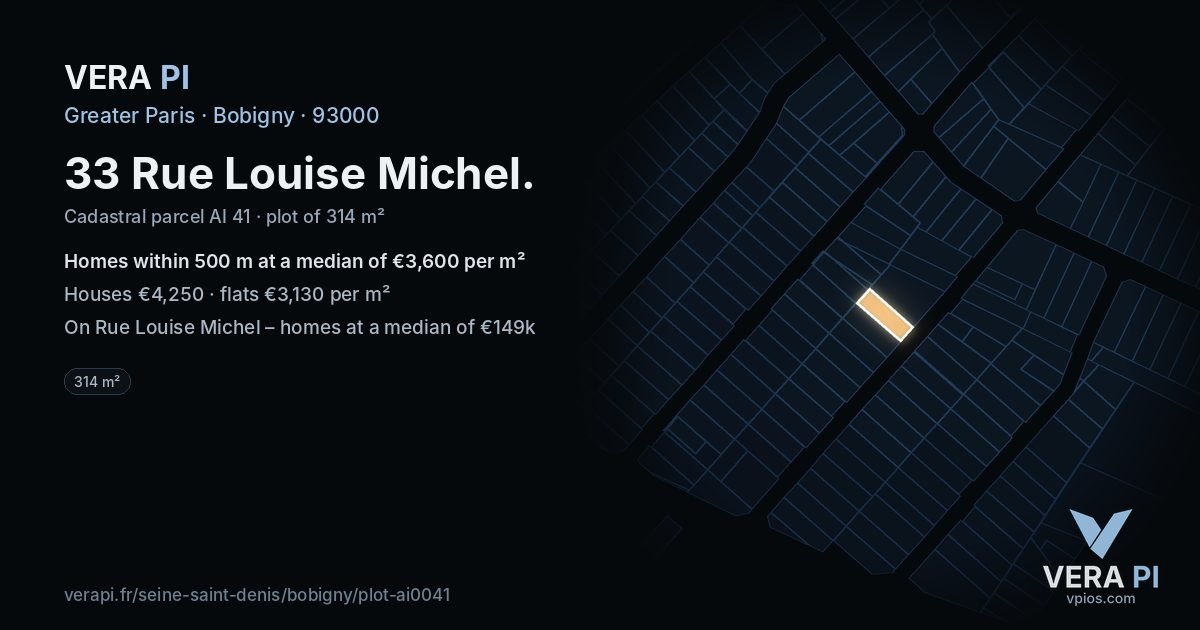 33 Rue Louise Michel, Bobigny at night – the plot lit, the parcels around coloured by the prices near them