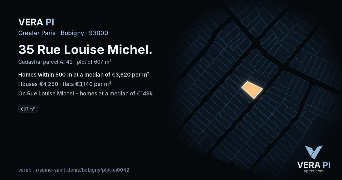 35 Rue Louise Michel, Bobigny at night – the plot lit, the parcels around coloured by the prices near them