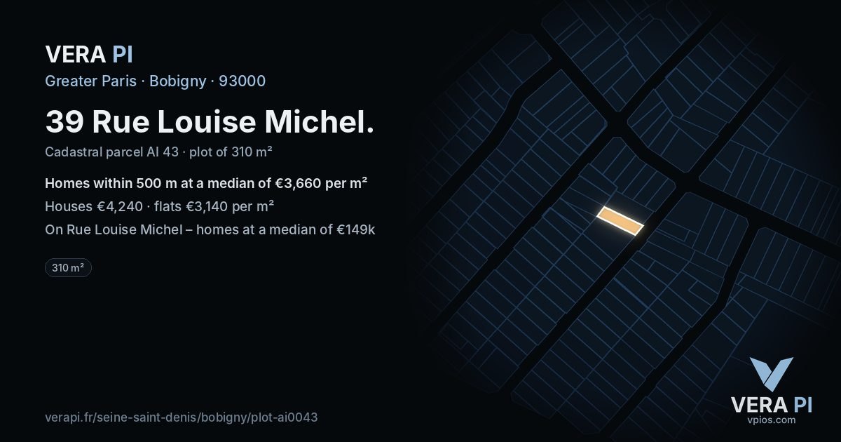 39 Rue Louise Michel, Bobigny at night – the plot lit, the parcels around coloured by the prices near them