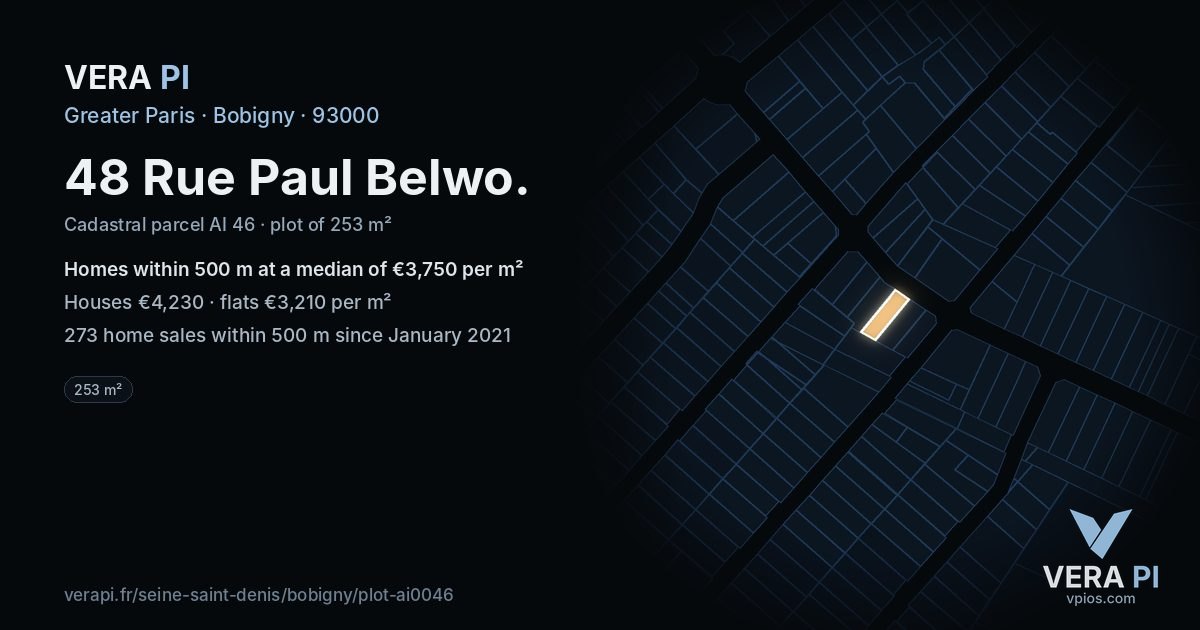48 Rue Paul Belwo, Bobigny at night – the plot lit, the parcels around coloured by the prices near them