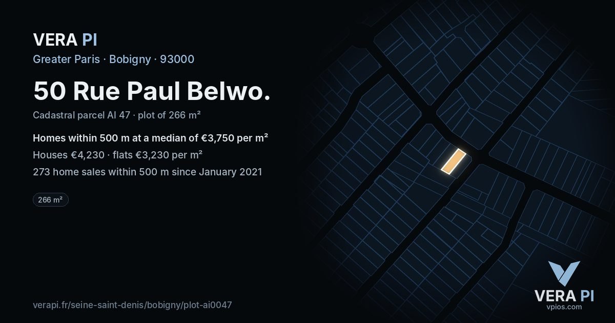 50 Rue Paul Belwo, Bobigny at night – the plot lit, the parcels around coloured by the prices near them