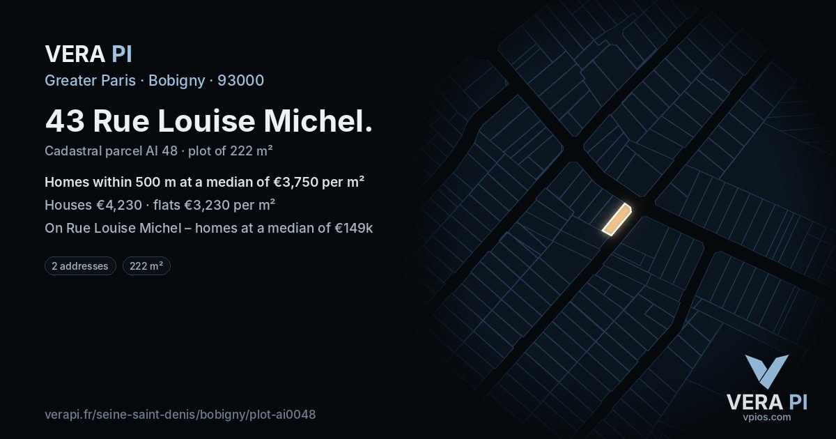 43 Rue Louise Michel, Bobigny at night – the plot lit, the parcels around coloured by the prices near them