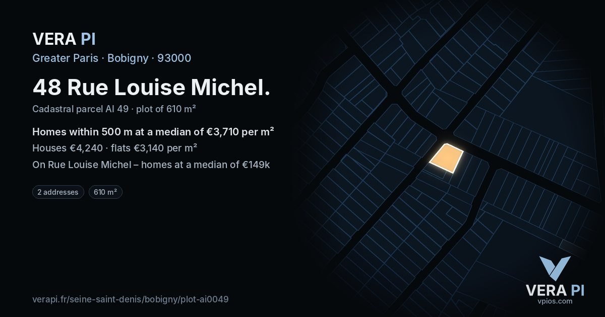 48 Rue Louise Michel, Bobigny at night – the plot lit, the parcels around coloured by the prices near them
