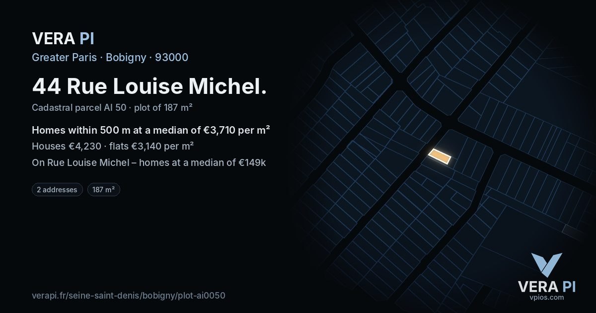 44 Rue Louise Michel, Bobigny at night – the plot lit, the parcels around coloured by the prices near them
