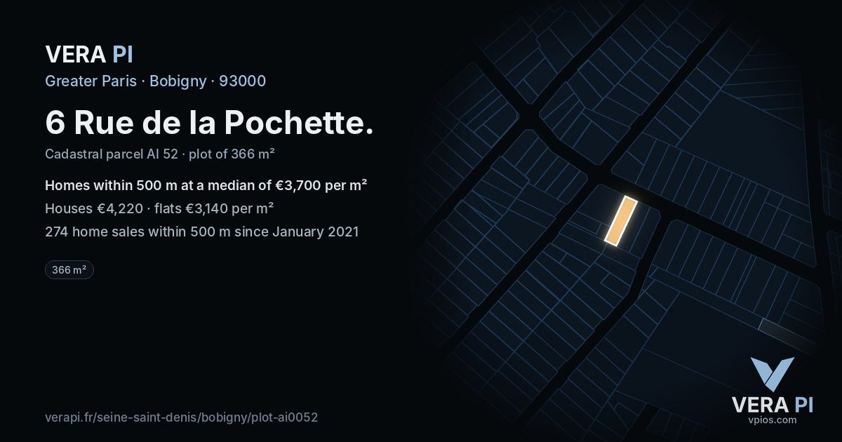 6 Rue de la Pochette, Bobigny at night – the plot lit, the parcels around coloured by the prices near them